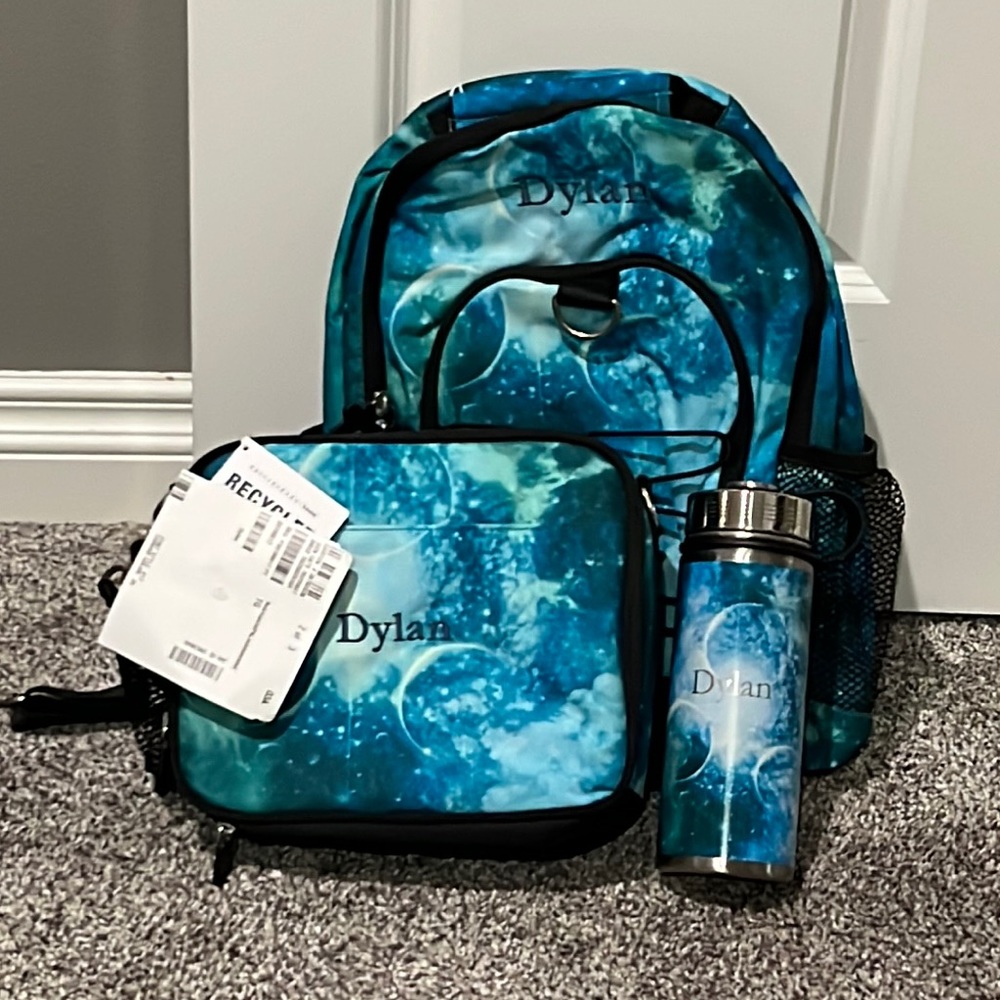 Pottery barn personalized backpack, lunch pack, and water bottle.  BRAND NEW!